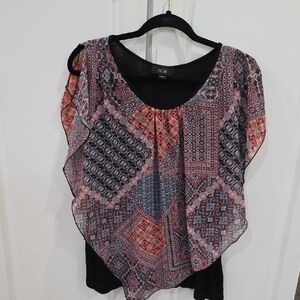 AGB Women's Black and Coral Patterned Blouse